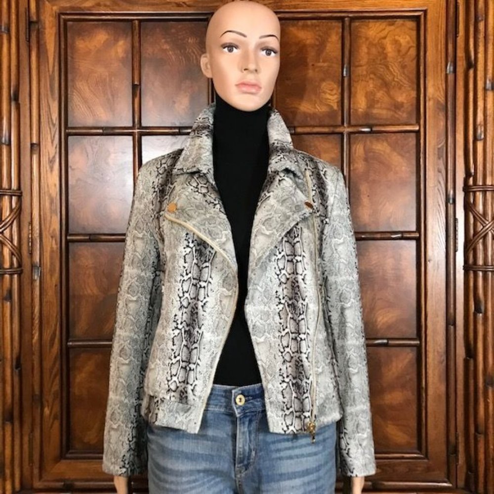 Stone Skinny Python Zip Sleeve Moto Jacket - Picture 2 of 16